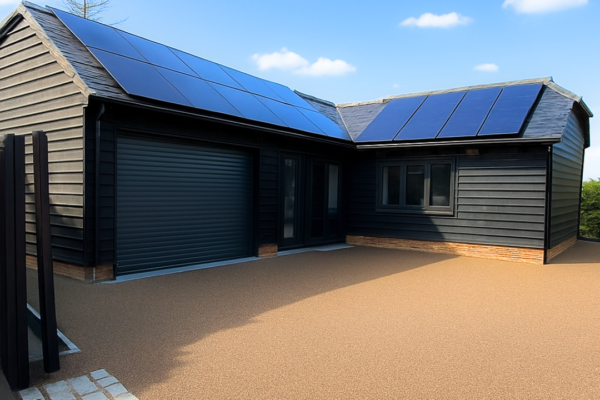 Large garden cabin with luxury resin surround and courtyard