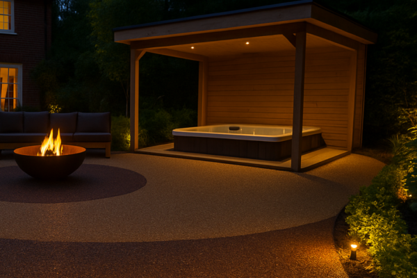 spa area with outdoor resin flooring design