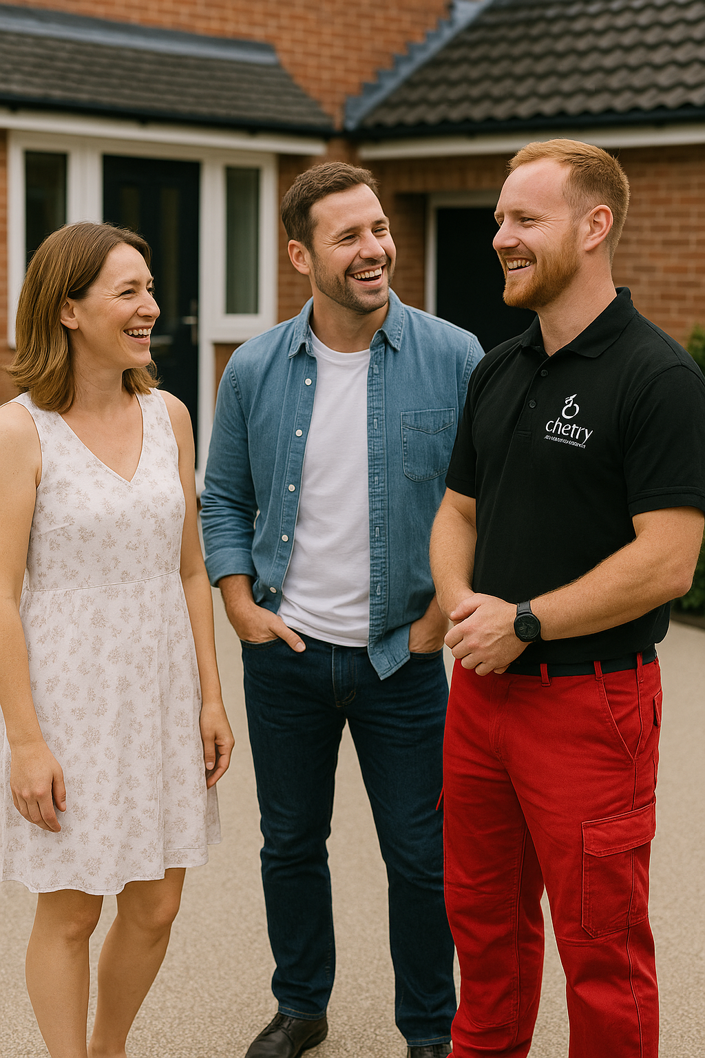 Homeowners standing on a finished resin driveway giving feedback