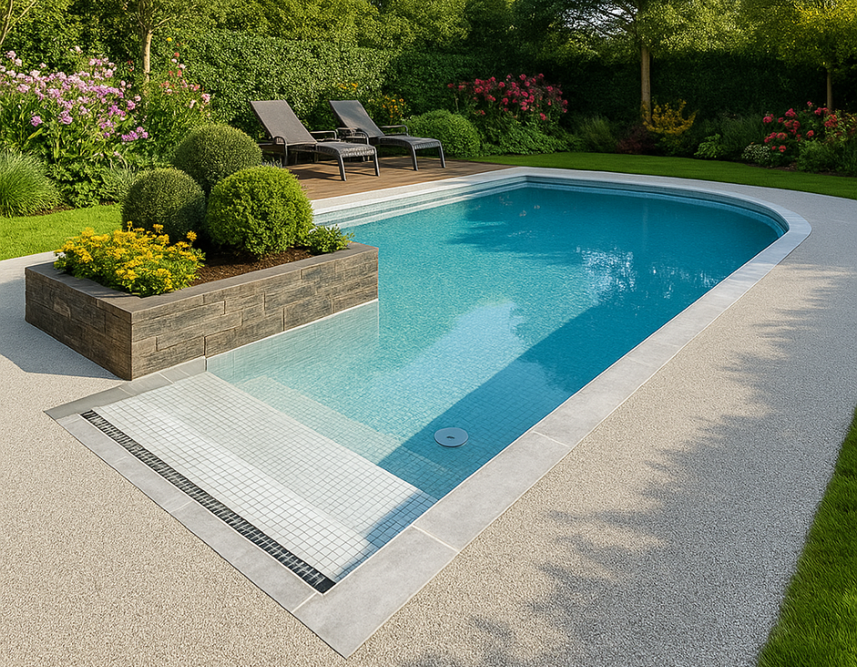 Resin bound pool surround designed for safety and drainage