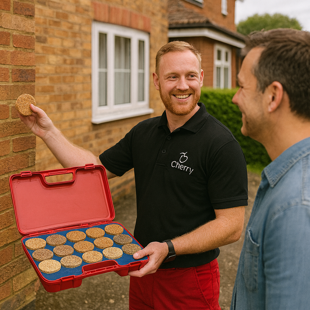 Homeowner and specialist reviewing resin design options at the front of a house