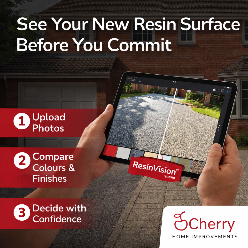 Homeowner viewing a resin driveway visual on a laptop