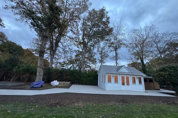 Resin surfacing surrounding garden cabin