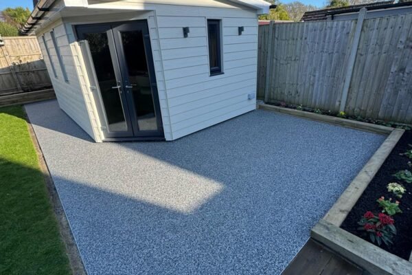 Resin surfacing surrounding garden cabin in Sydney Harbour colour blend